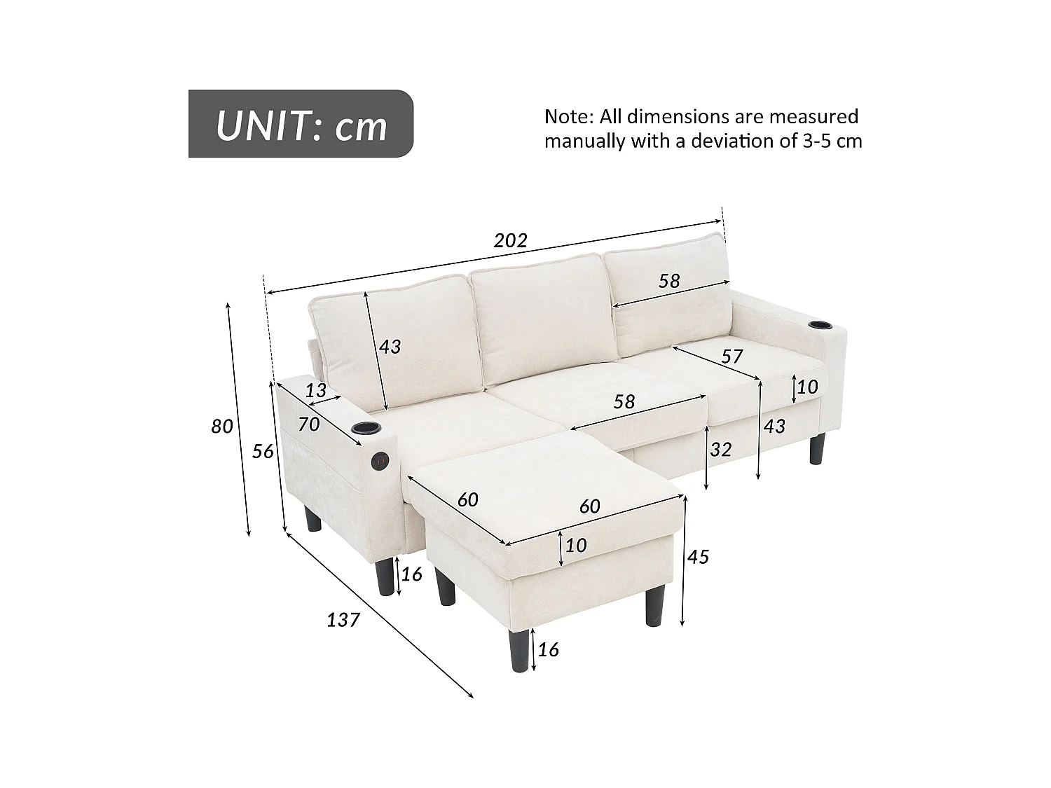 Sofá de 3 plazas acolchado​​ - con puertos ​​USB y Type-C​​ - con ​​dos portavasos​​ - ​​Sofá cama en L​​ - ​​Beige