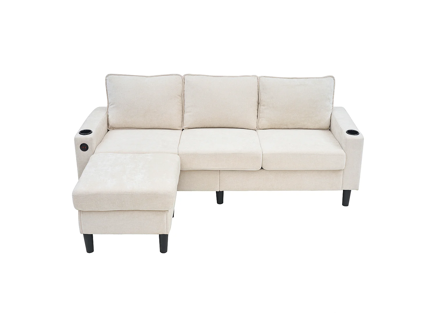 Sofá de 3 plazas acolchado​​ - con puertos ​​USB y Type-C​​ - con ​​dos portavasos​​ - ​​Sofá cama en L​​ - ​​Beige