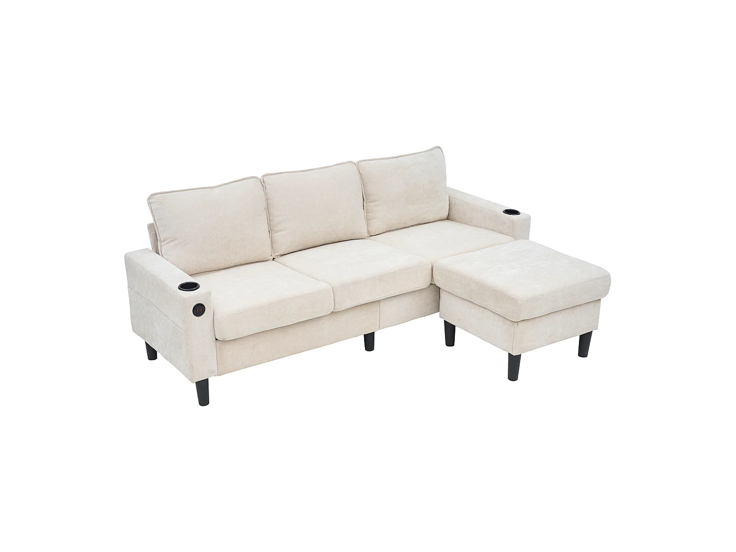 Sofá de 3 plazas acolchado​​ - con puertos ​​USB y Type-C​​ - con ​​dos portavasos​​ - ​​Sofá cama en L​​ - ​​Beige