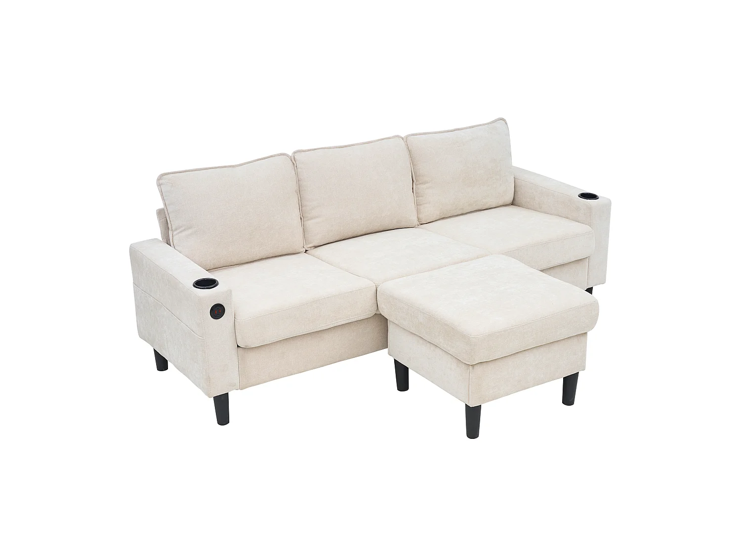 Sofá de 3 plazas acolchado​​ - con puertos ​​USB y Type-C​​ - con ​​dos portavasos​​ - ​​Sofá cama en L​​ - ​​Beige