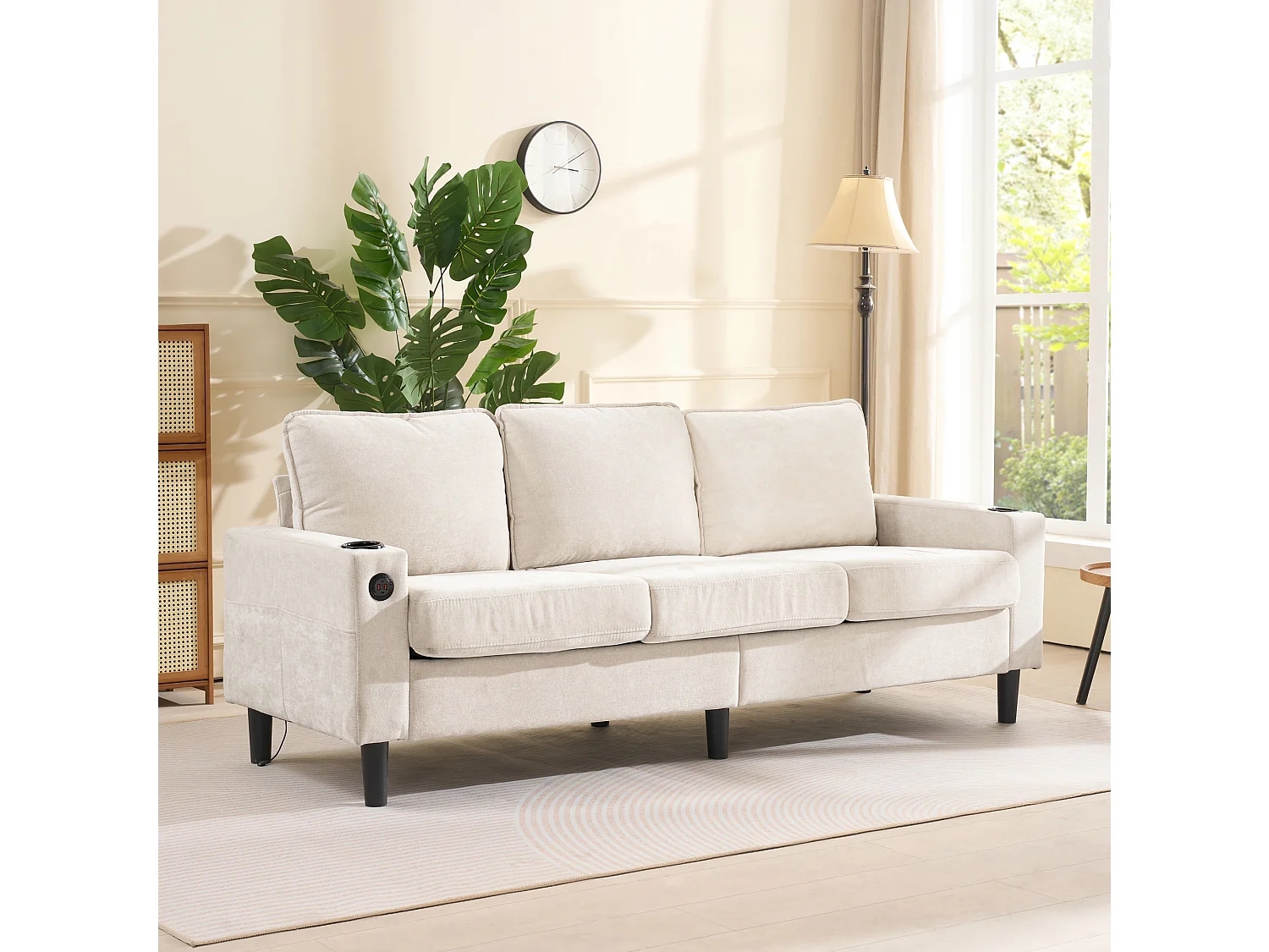 Canapé 3 places rembourré - avec ports USB et Type-C - avec deux porte-gobelets - Canapé-lit en L - Beige