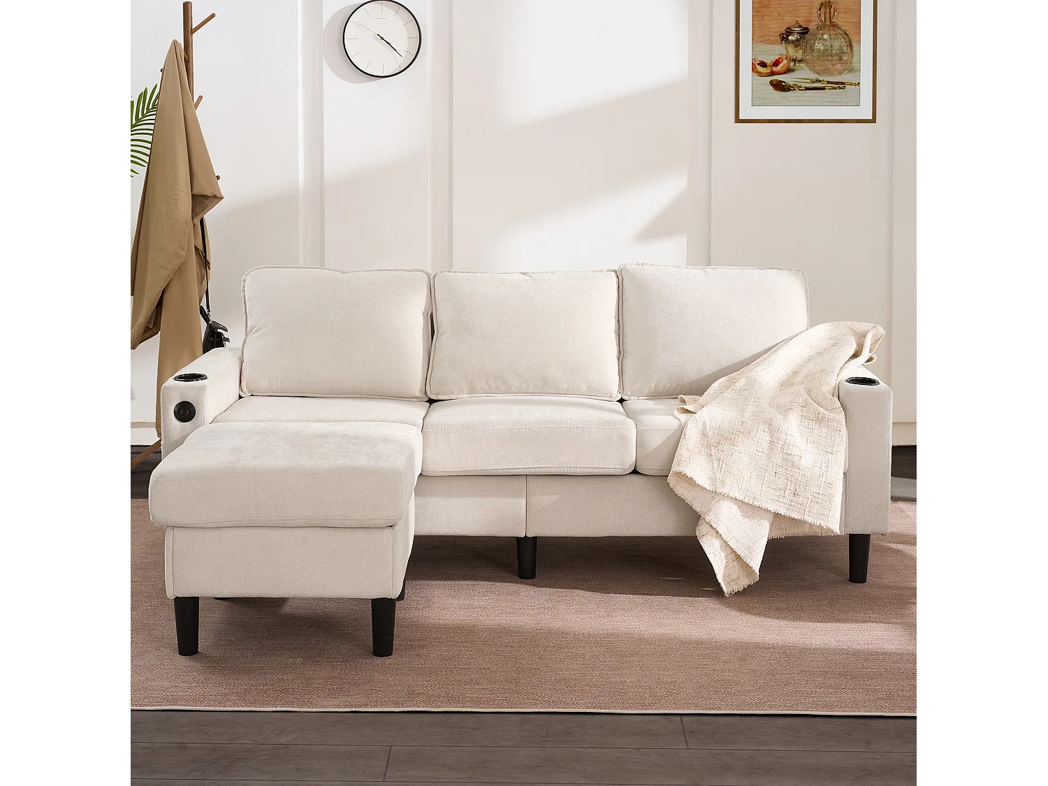 Canapé 3 places rembourré - avec ports USB et Type-C - avec deux porte-gobelets - Canapé-lit en L - Beige