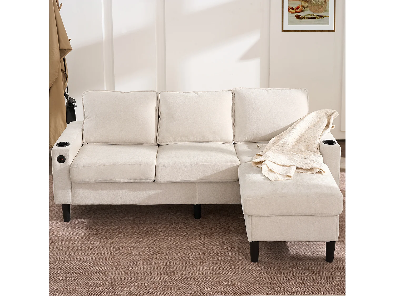 Canapé 3 places rembourré - avec ports USB et Type-C - avec deux porte-gobelets - Canapé-lit en L - Beige