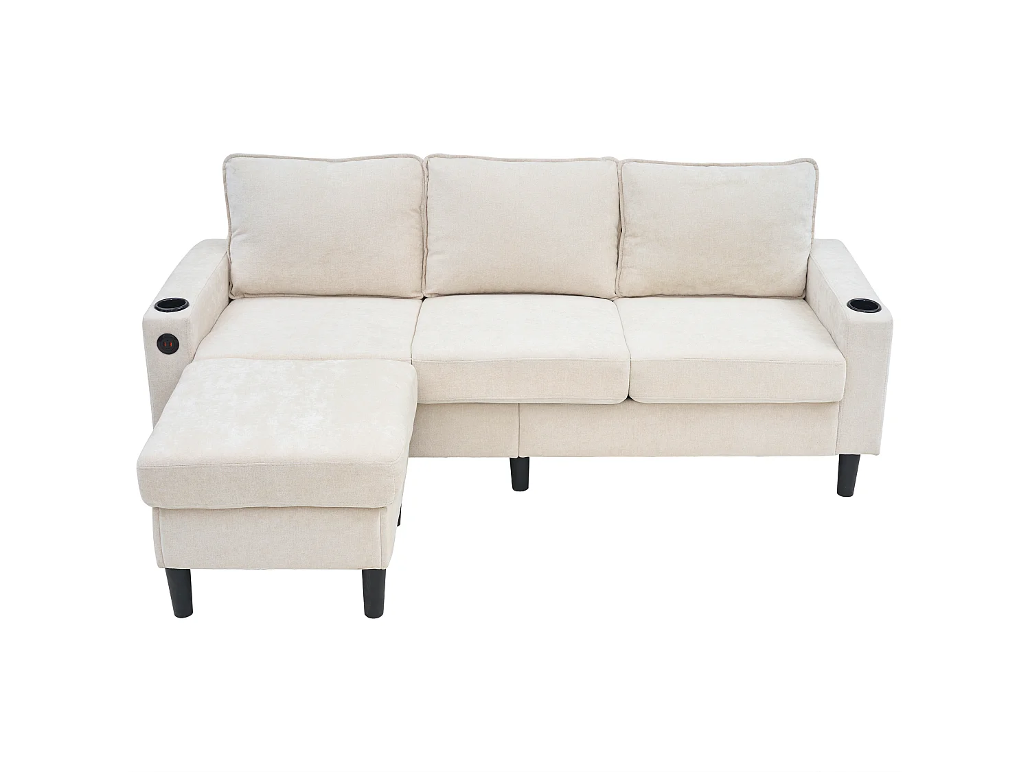 Canapé 3 places rembourré - avec ports USB et Type-C - avec deux porte-gobelets - Canapé-lit en L - Beige