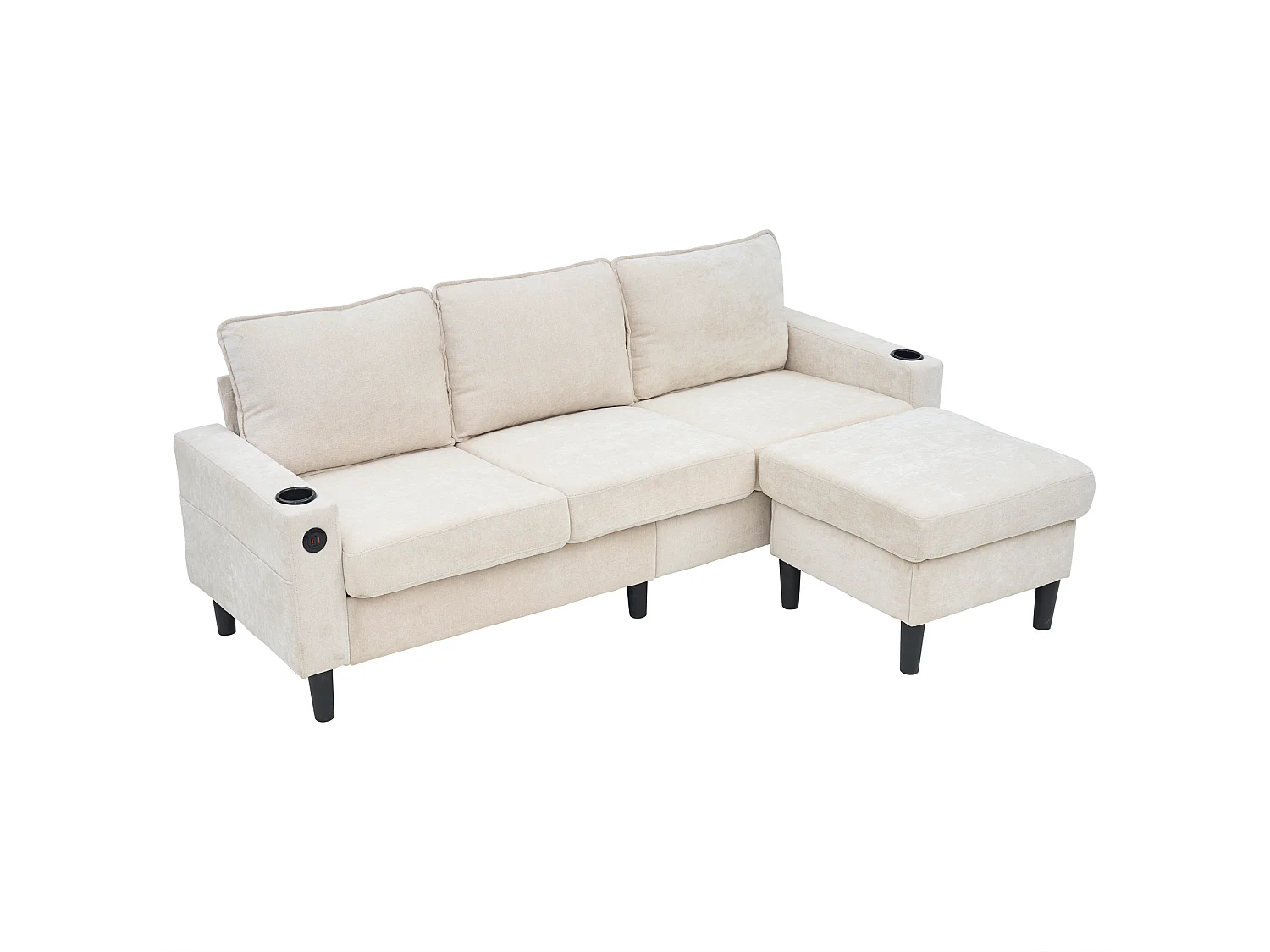 Canapé 3 places rembourré - avec ports USB et Type-C - avec deux porte-gobelets - Canapé-lit en L - Beige