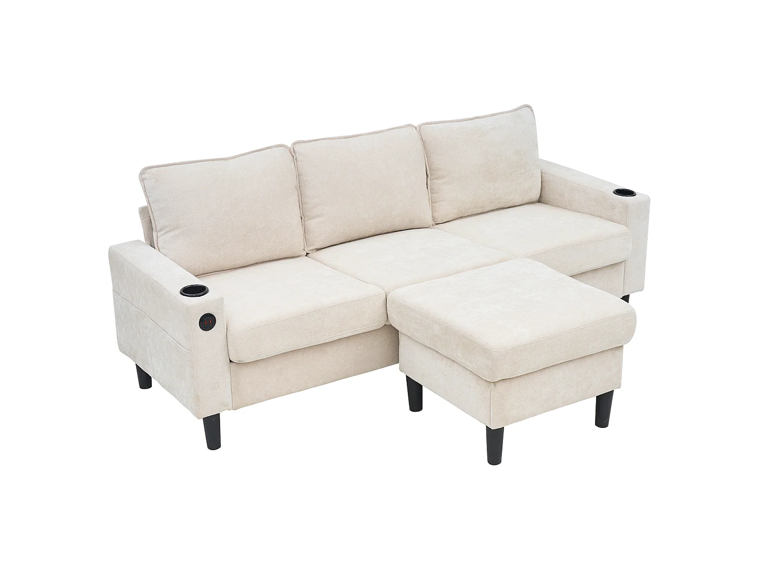 Canapé 3 places rembourré - avec ports USB et Type-C - avec deux porte-gobelets - Canapé-lit en L - Beige