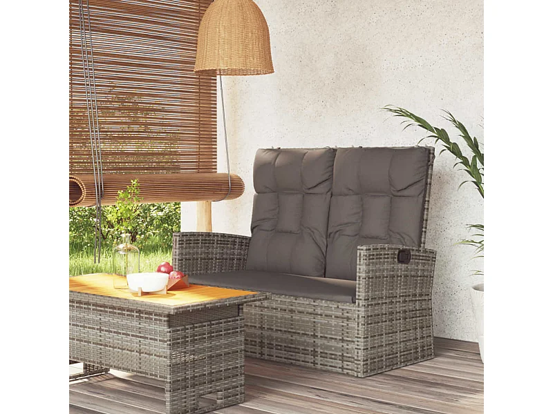Banc de jardin inclinable et coussins gris 118cm résine tressée