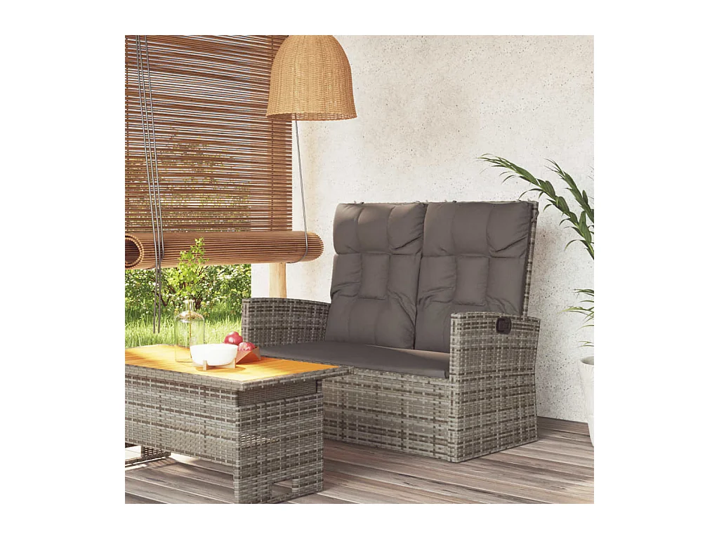 Banc de jardin inclinable et coussins gris 118cm résine tressée