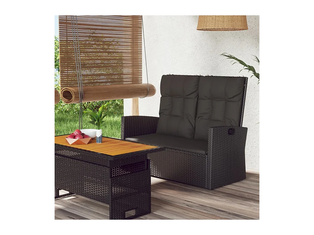 Banc de jardin inclinable et coussins noir 118cm résine tressée
