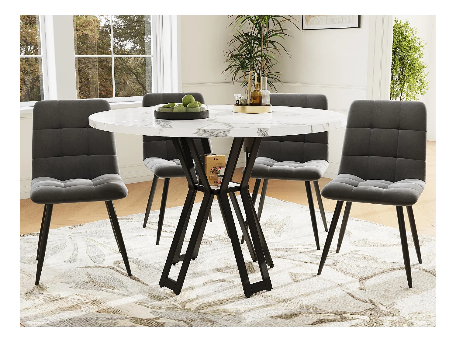 Runder Esstisch mit 4 Stühlen - Tischplatte aus MDF, Metallgestell und Samtkissen - Weiß&Schwarz