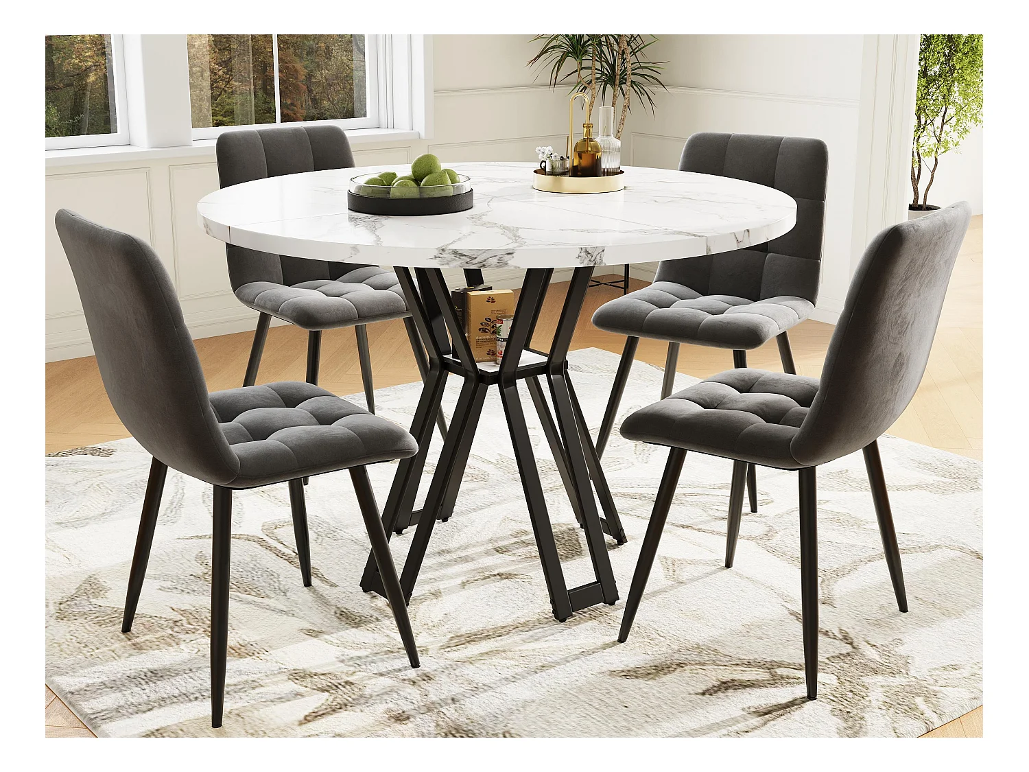 Table à manger ronde et 4 chaises - plateau en MDF、Structure en métal et coussins en velours - Blanc&Noir