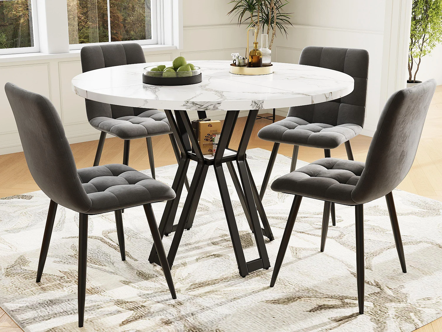 Table à manger ronde et 4 chaises - plateau en MDF、Structure en métal et coussins en velours - Blanc&Noir