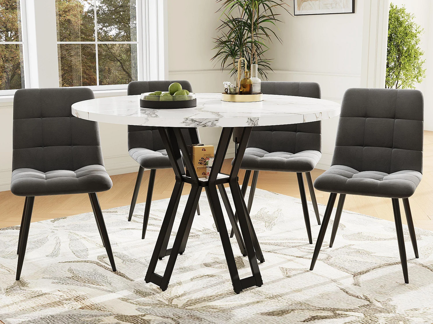 Table à manger ronde et 4 chaises - plateau en MDF、Structure en métal et coussins en velours - Blanc&Noir