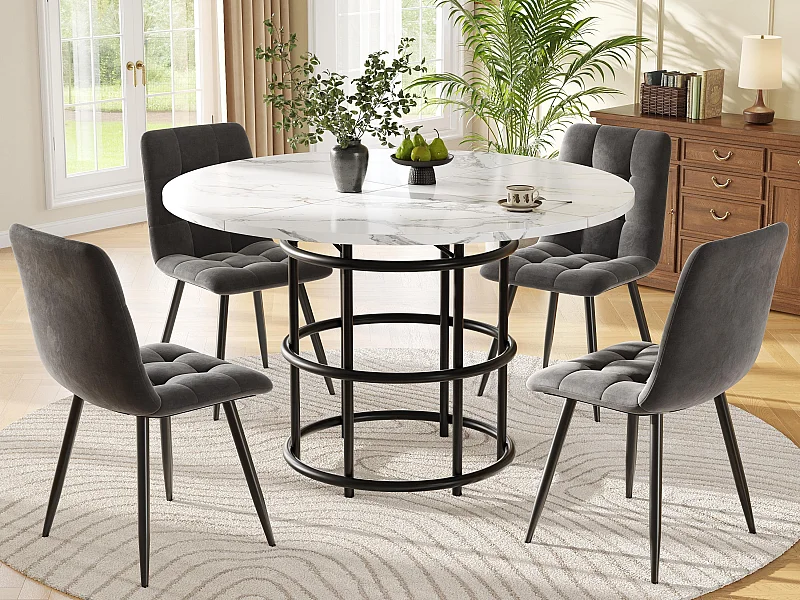 Runder Esstisch100x100x76cm mit 4 Stühlen - Tischplatte aus MDF, Metallgestell und Samtkissen - Weiß&Schwarz