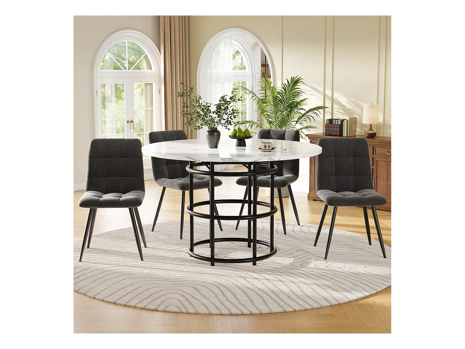 Runder Esstisch100x100x76cm mit 4 Stühlen - Tischplatte aus MDF, Metallgestell und Samtkissen - Weiß&Schwarz