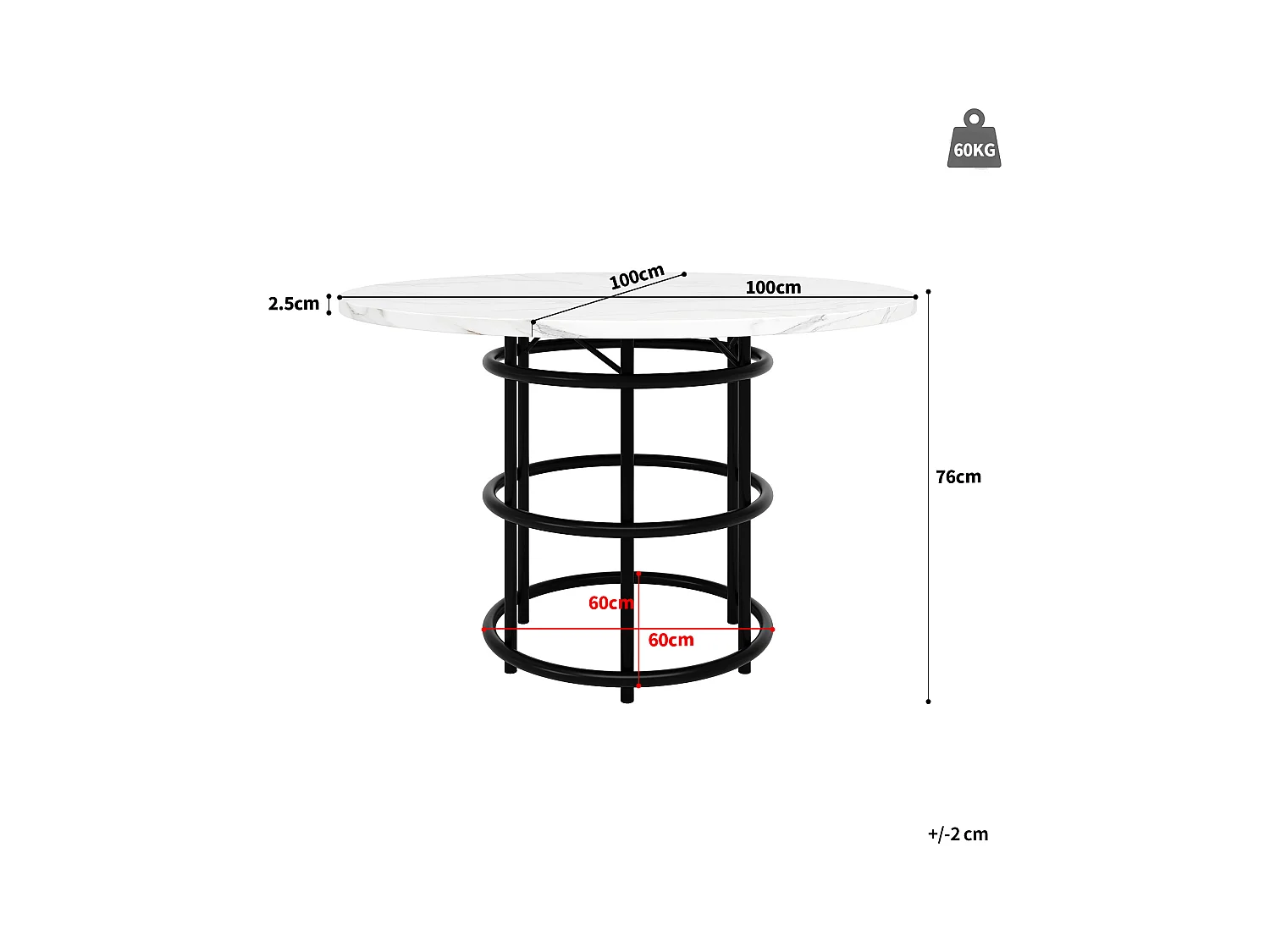 Runder Esstisch100x100x76cm mit 4 Stühlen - Tischplatte aus MDF, Metallgestell und Samtkissen - Weiß&Schwarz