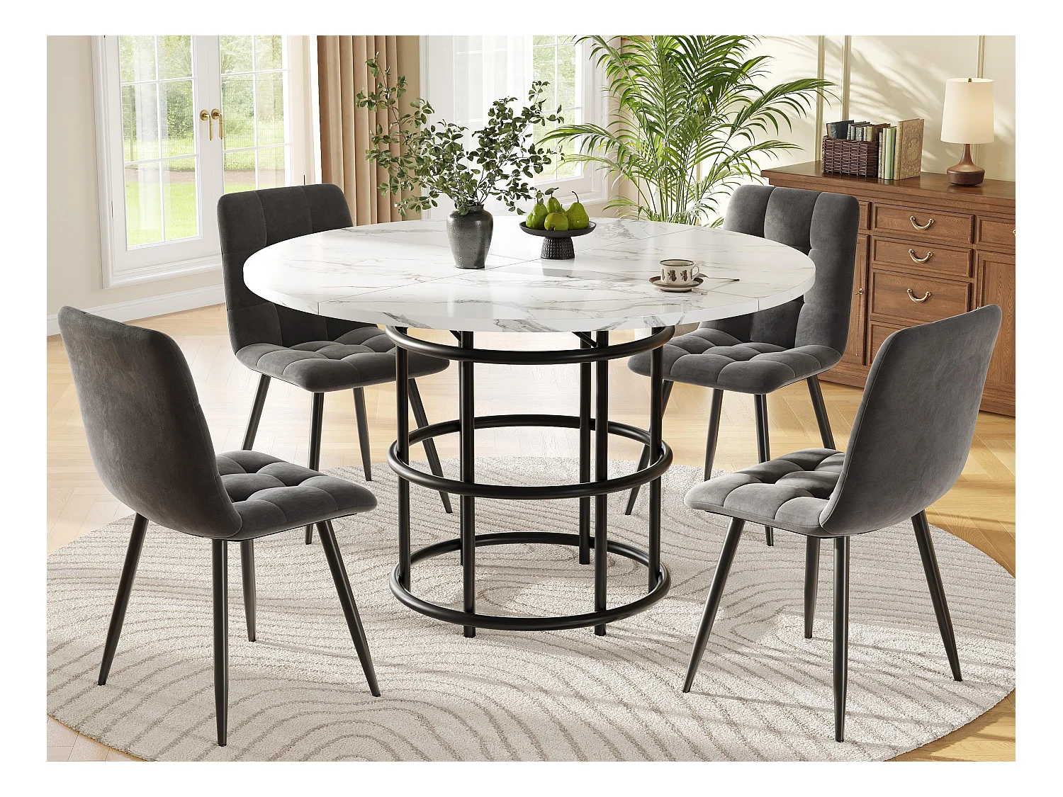 Mesa redonda100x100x76cm com 4 cadeiras - Tampos em MDF, estrutura metálica e almofadas de veludo - Branco&Preto