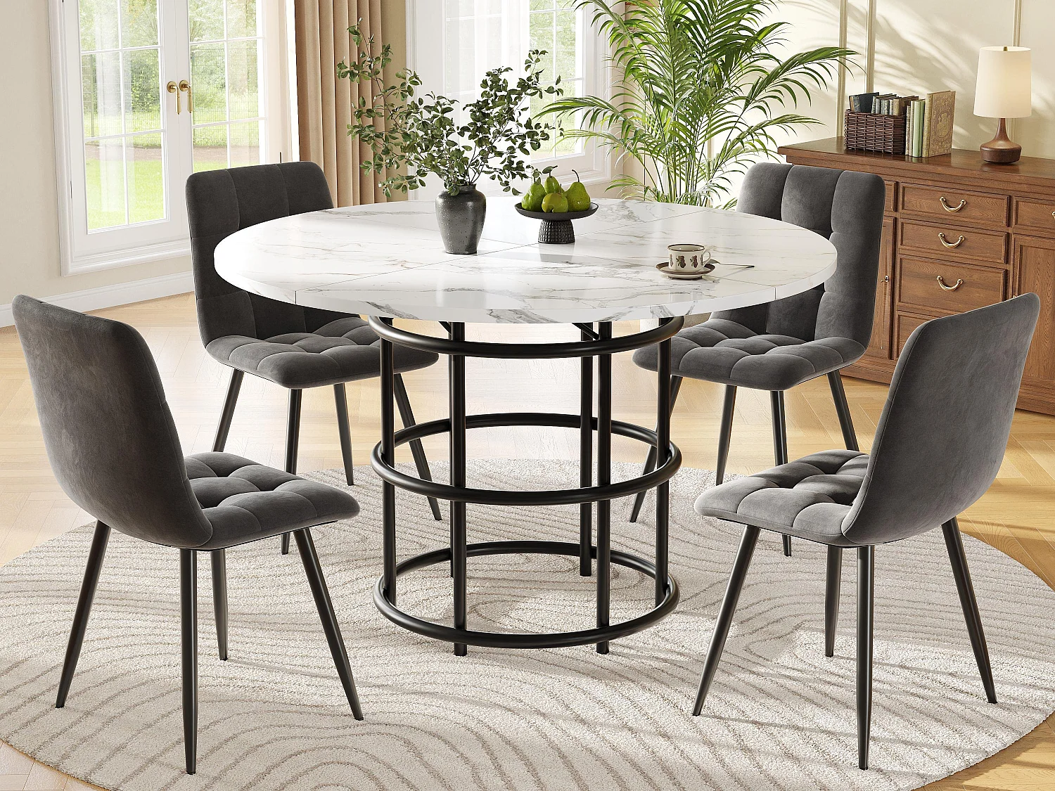 Okrągły stół 100x100x76cm z 4 krzesłami - Blat MDF, metalowa konstrukcja i aksamitne poduszki - Biały&Czarny