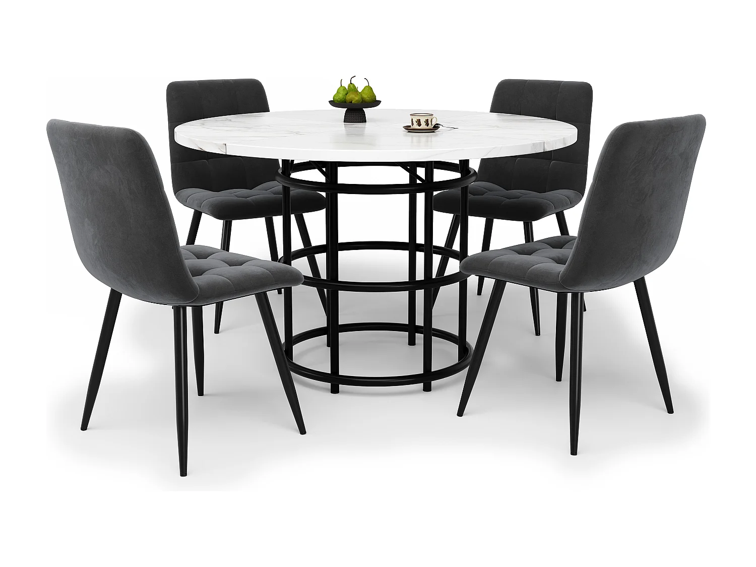 Okrągły stół 100x100x76cm z 4 krzesłami - Blat MDF, metalowa konstrukcja i aksamitne poduszki - Biały&Czarny