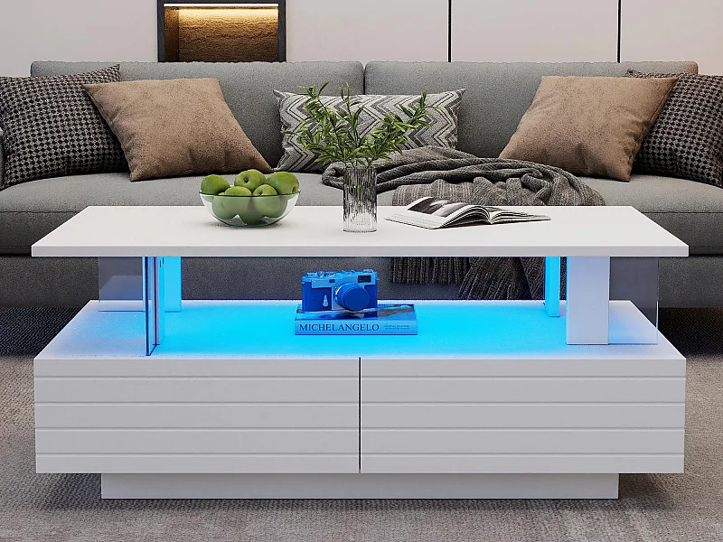 Table basse 100x50x42cm - avec éclairage LED - avec fonction rangement - avec 2 tiroirs - blanc