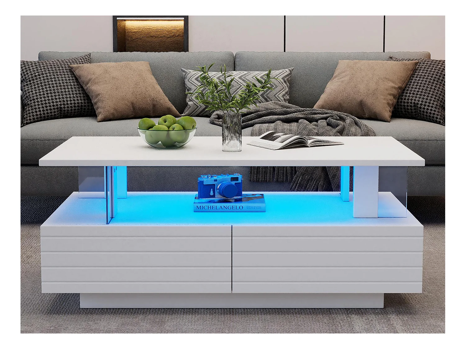 Table basse 100x50x42cm - avec éclairage LED - avec fonction rangement - avec 2 tiroirs - blanc