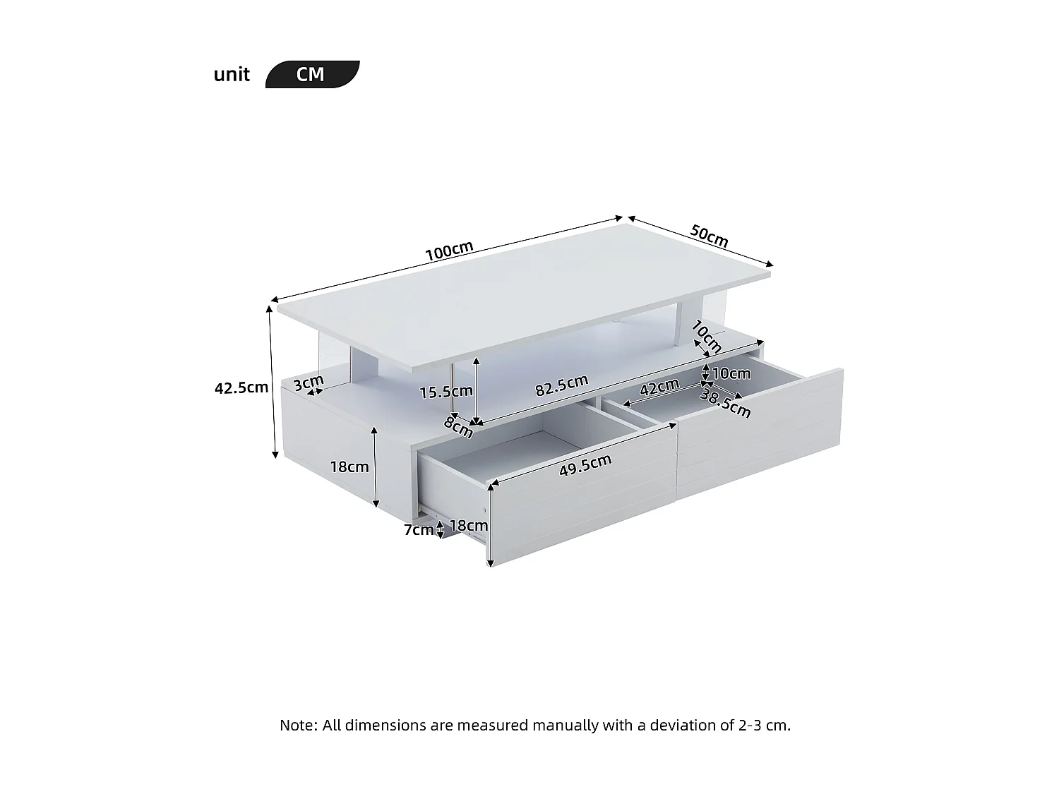Tavolino 100x50x42 cm - con illuminazione LED - con funzione di ripostiglio - con 2 cassetti - bianco