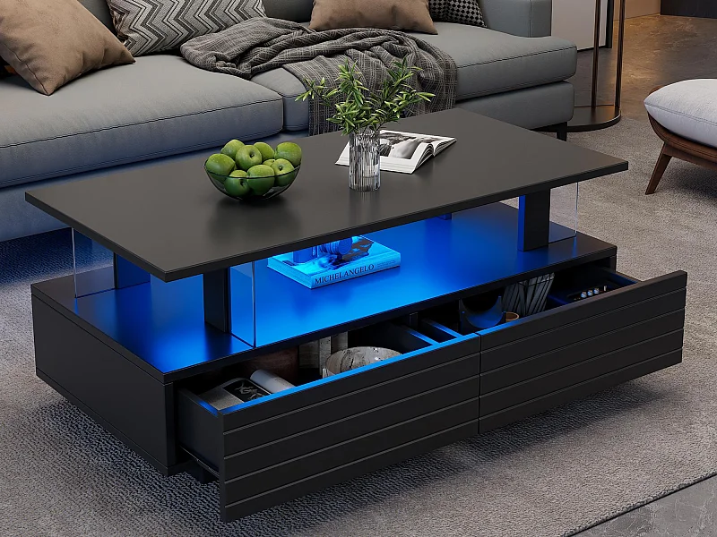 Salontafel 100x50x42 cm - met LED-verlichting - met opbergfunctie - met 2 lades - zwart