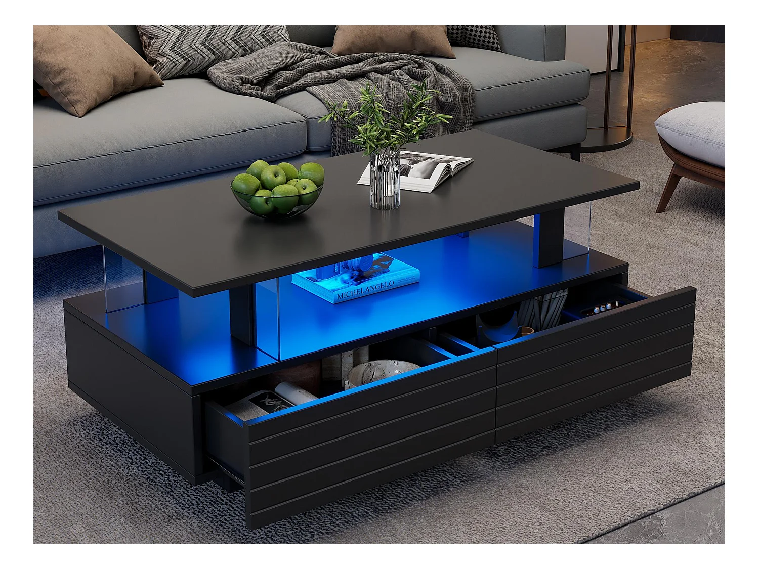 Table basse 100x50x42cm - avec éclairage LED - avec fonction rangement - avec 2 tiroirs - noir
