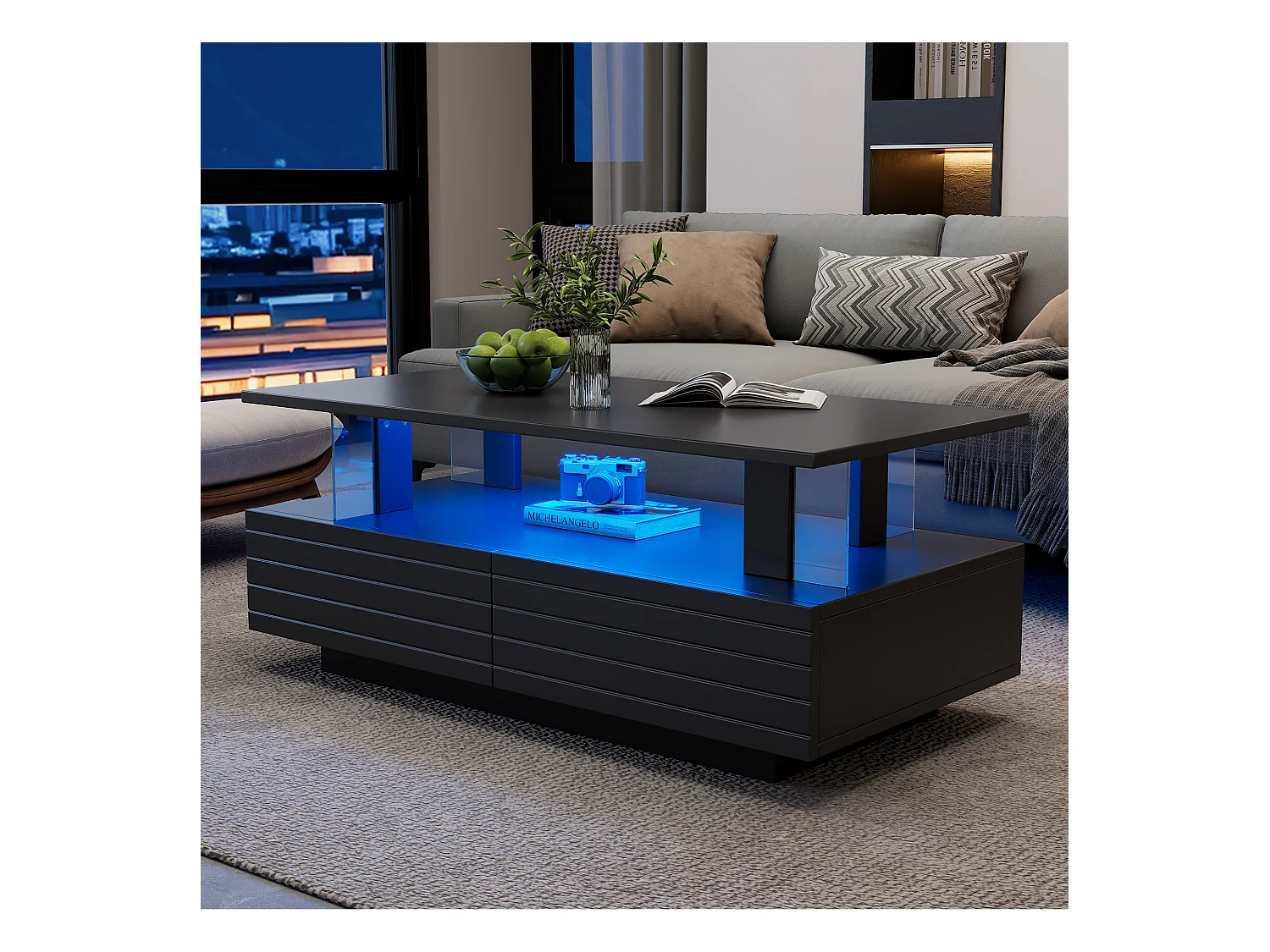 Table basse 100x50x42cm - avec éclairage LED - avec fonction rangement - avec 2 tiroirs - noir