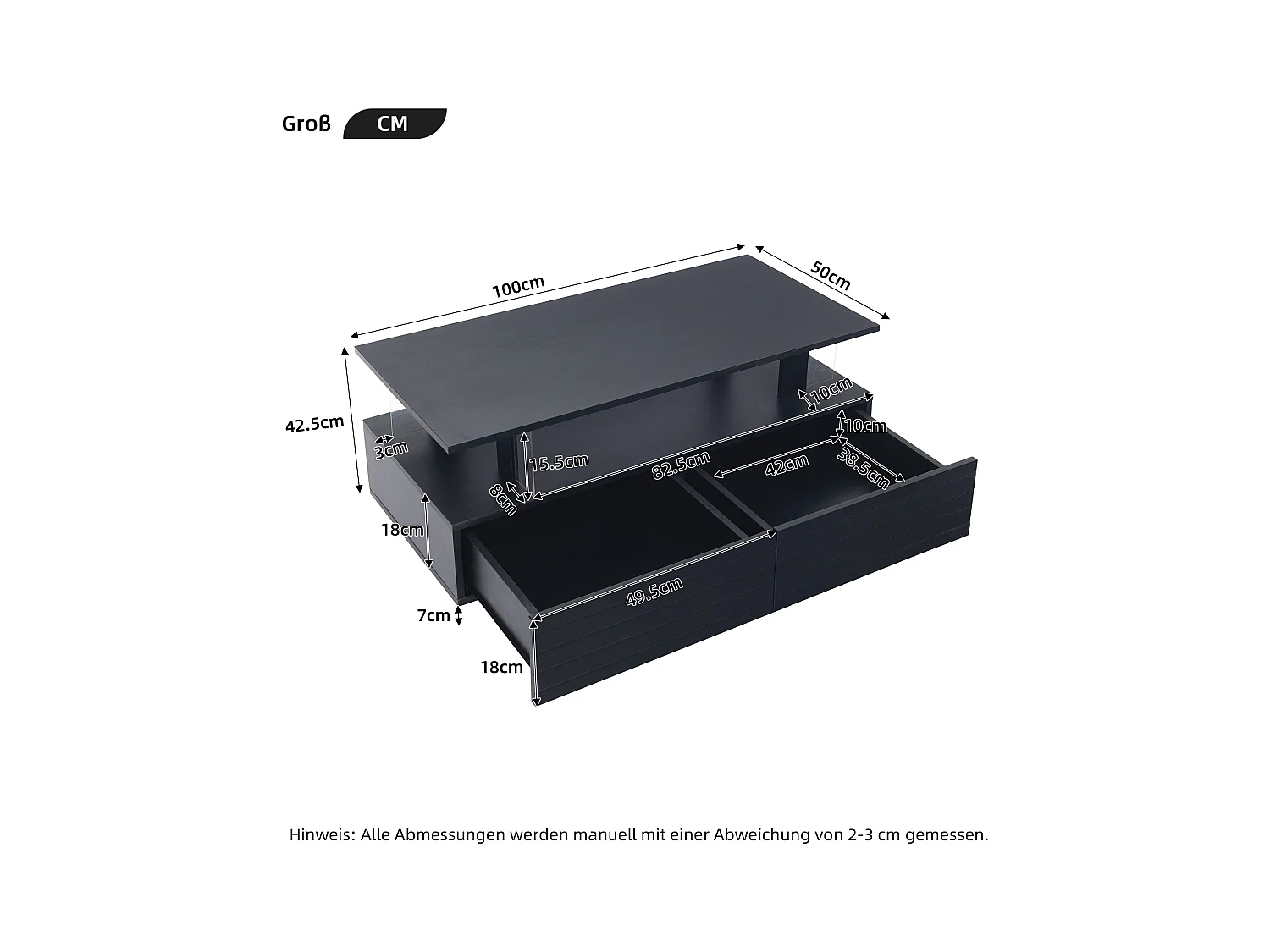Table basse 100x50x42cm - avec éclairage LED - avec fonction rangement - avec 2 tiroirs - noir