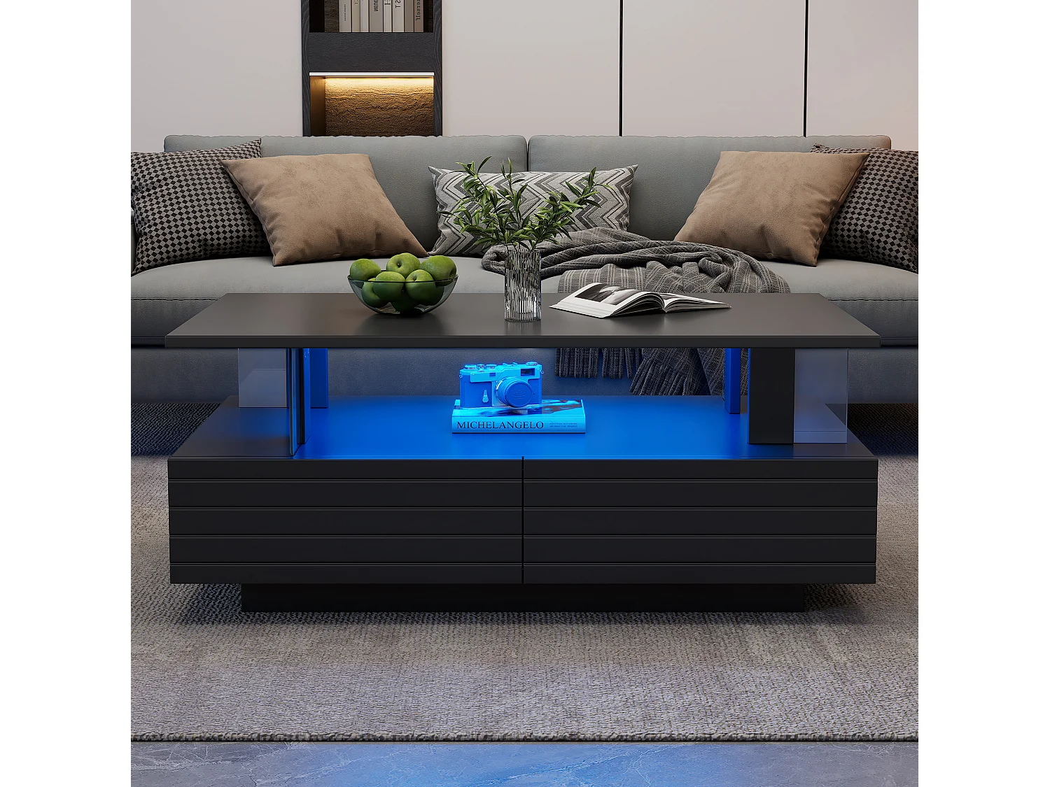 Beistelltisch 100x50x42 cm - mit LED-Beleuchtung - mit Staufunktion - mit 2 Schubladen - schwarz