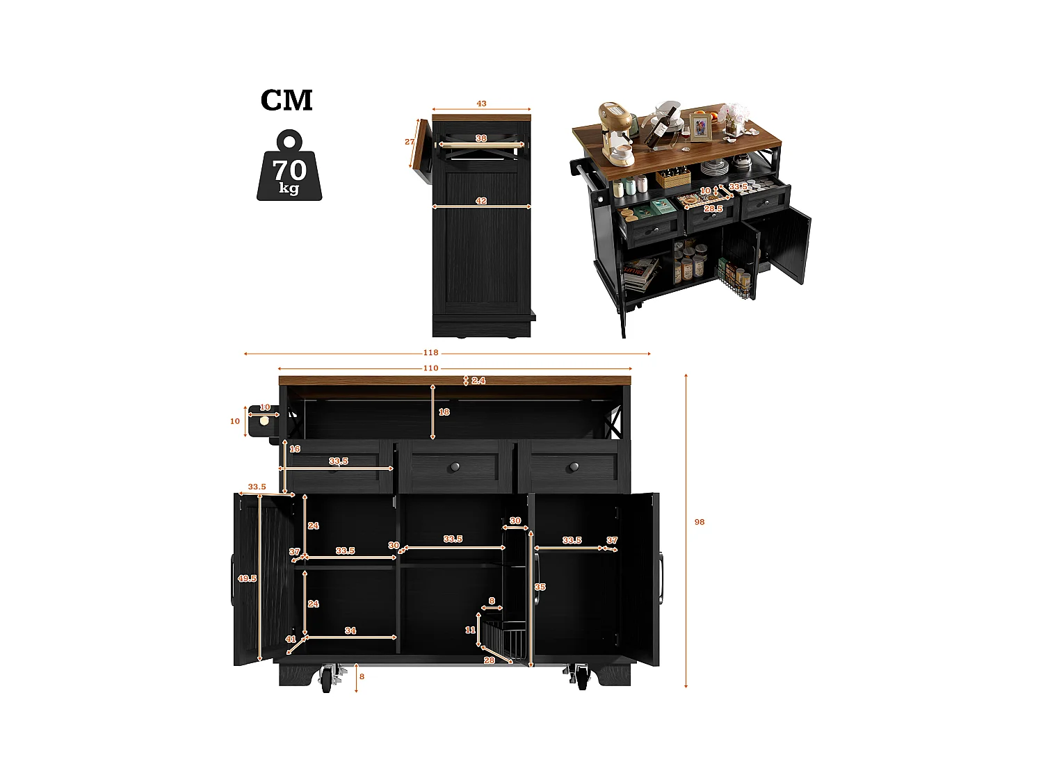 Ilot central de cuisine mobile - Plateau extensible - 3 tiroirs et 3 portes - étagères ouvertes - avec porte-serviettes - MDF - noir