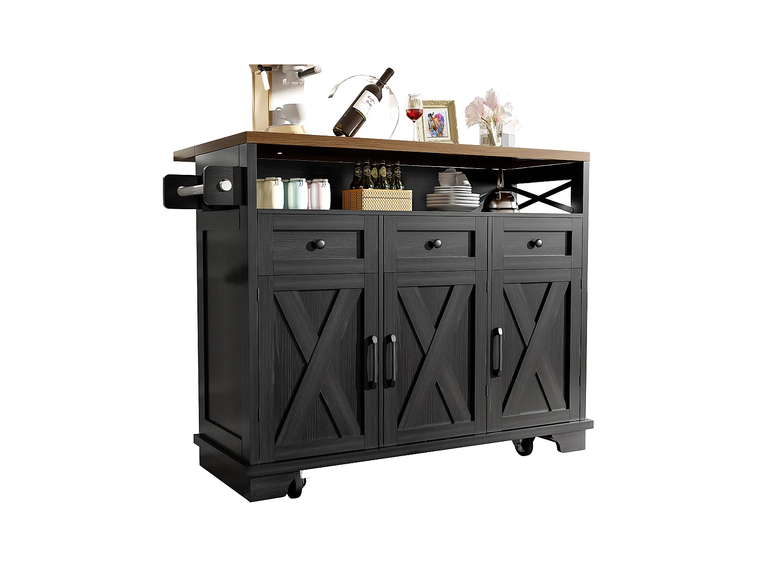 Ilot central de cuisine mobile - Plateau extensible - 3 tiroirs et 3 portes - étagères ouvertes - avec porte-serviettes - MDF - noir