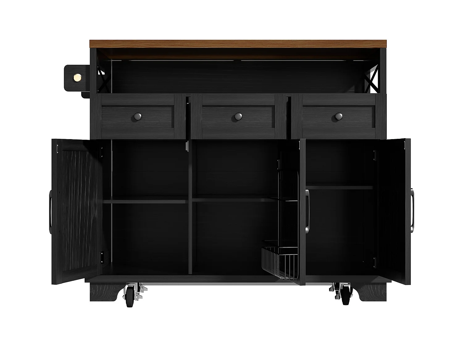 Ilot central de cuisine mobile - Plateau extensible - 3 tiroirs et 3 portes - étagères ouvertes - avec porte-serviettes - MDF - noir