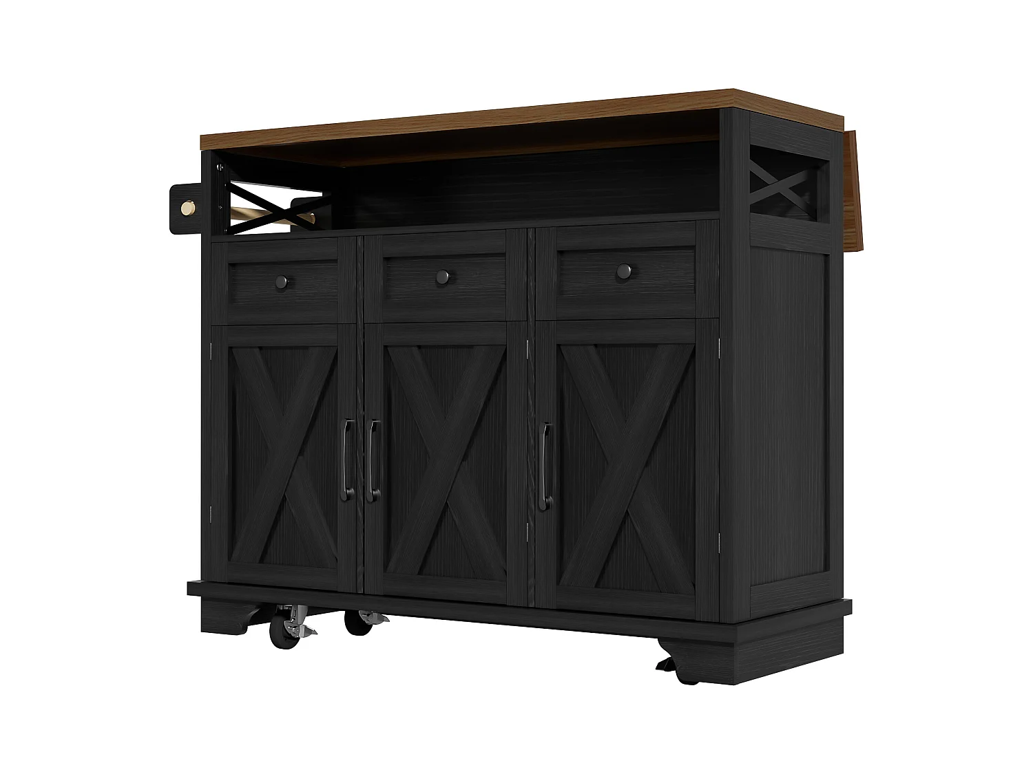 Ilot central de cuisine mobile - Plateau extensible - 3 tiroirs et 3 portes - étagères ouvertes - avec porte-serviettes - MDF - noir