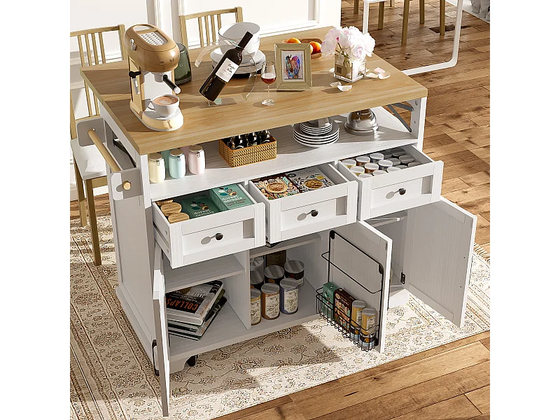 Ilot central de cuisine mobile - Plateau extensible - 3 tiroirs et 3 portes - étagères ouvertes - avec porte-serviettes - MDF - blanc