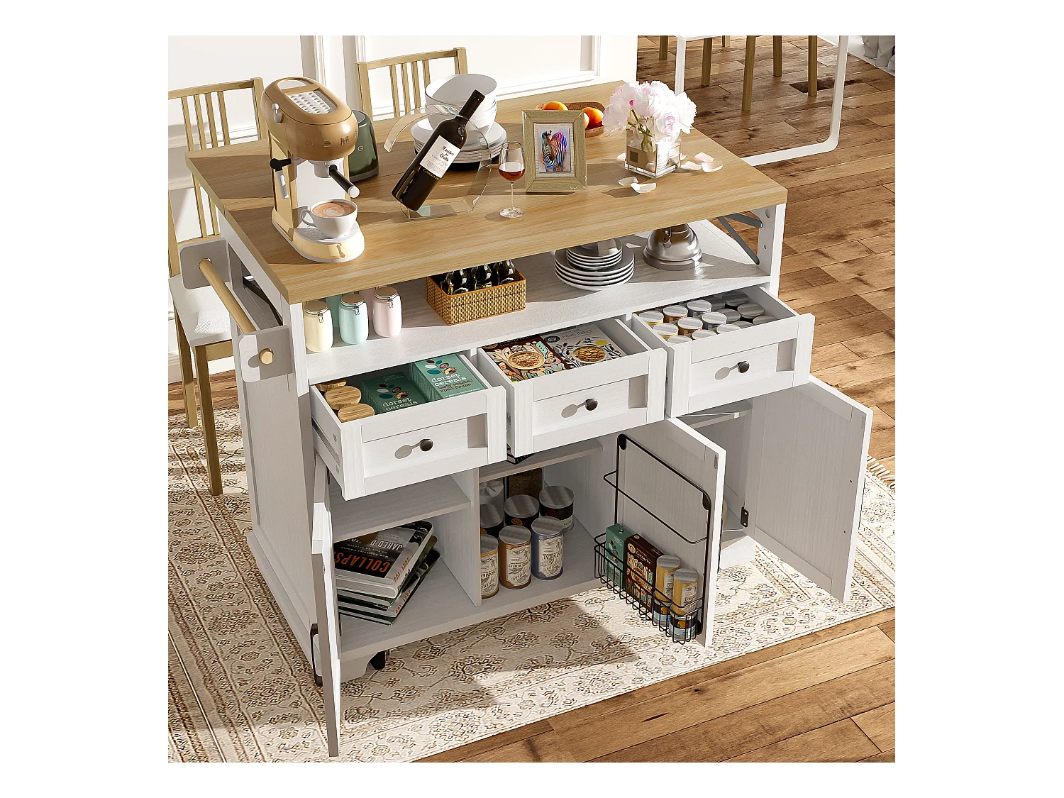 Ilot central de cuisine mobile - Plateau extensible - 3 tiroirs et 3 portes - étagères ouvertes - avec porte-serviettes - MDF - blanc