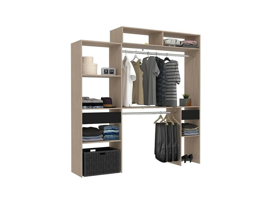 ARTIC EKIPA uitschuifbare kleedkamerset - eiken en zwart - 2 kledingkasten + 2 lades + extra kast - 198 x 40 x 202 cm