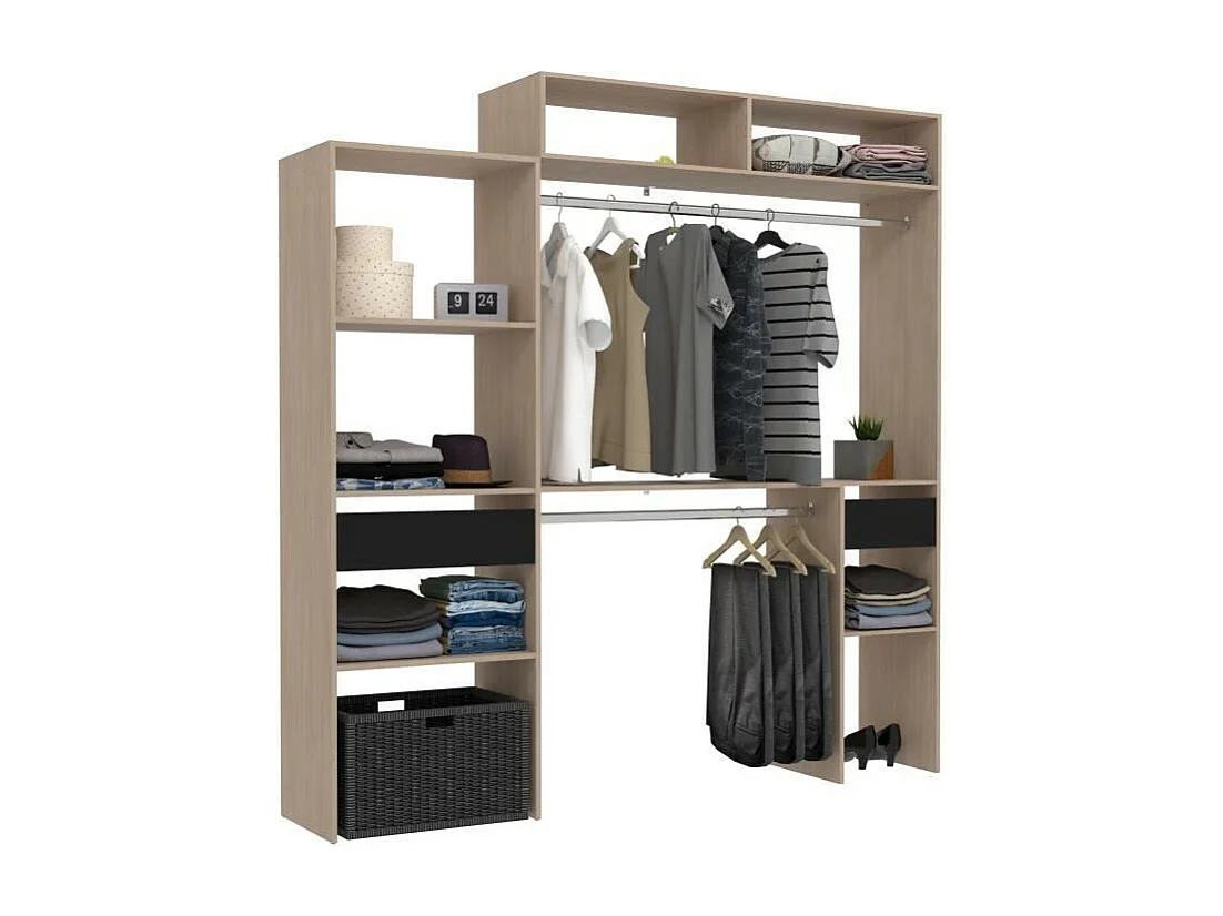Kit dressing extensible ARTIC EKIPA - chêne et noir - 2 penderies + 2 tiroirs + Surmeuble - 198 x 40 x 202 cm