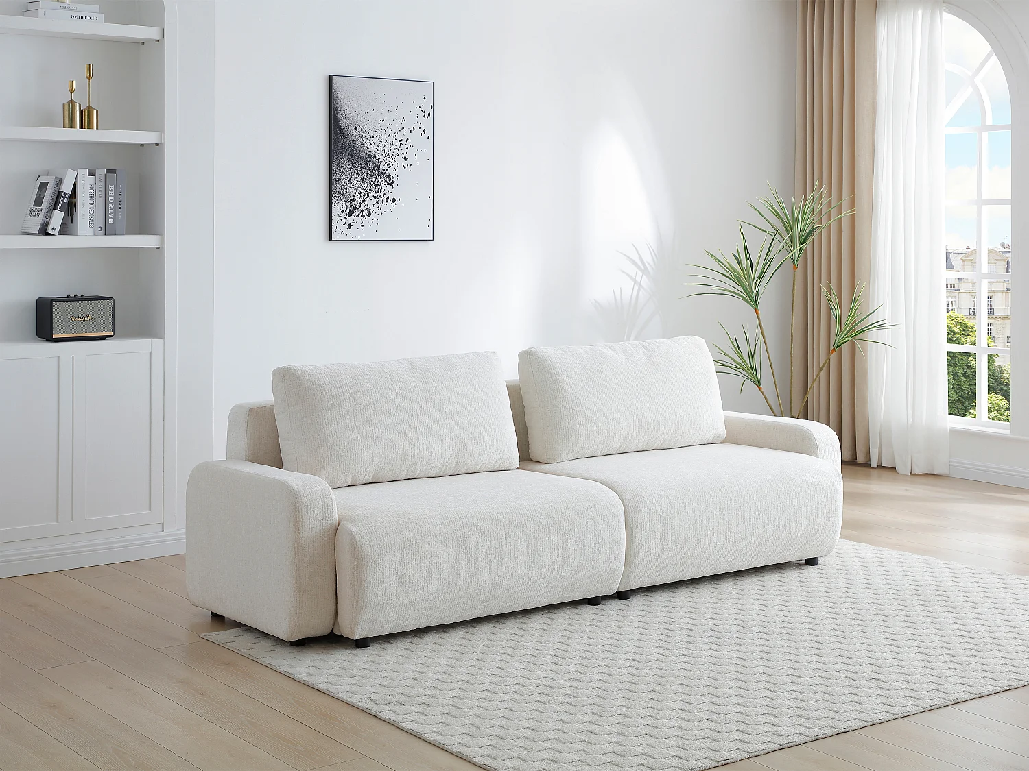 Canapé 4 places convertible en tissu chenille beige YOKIRA