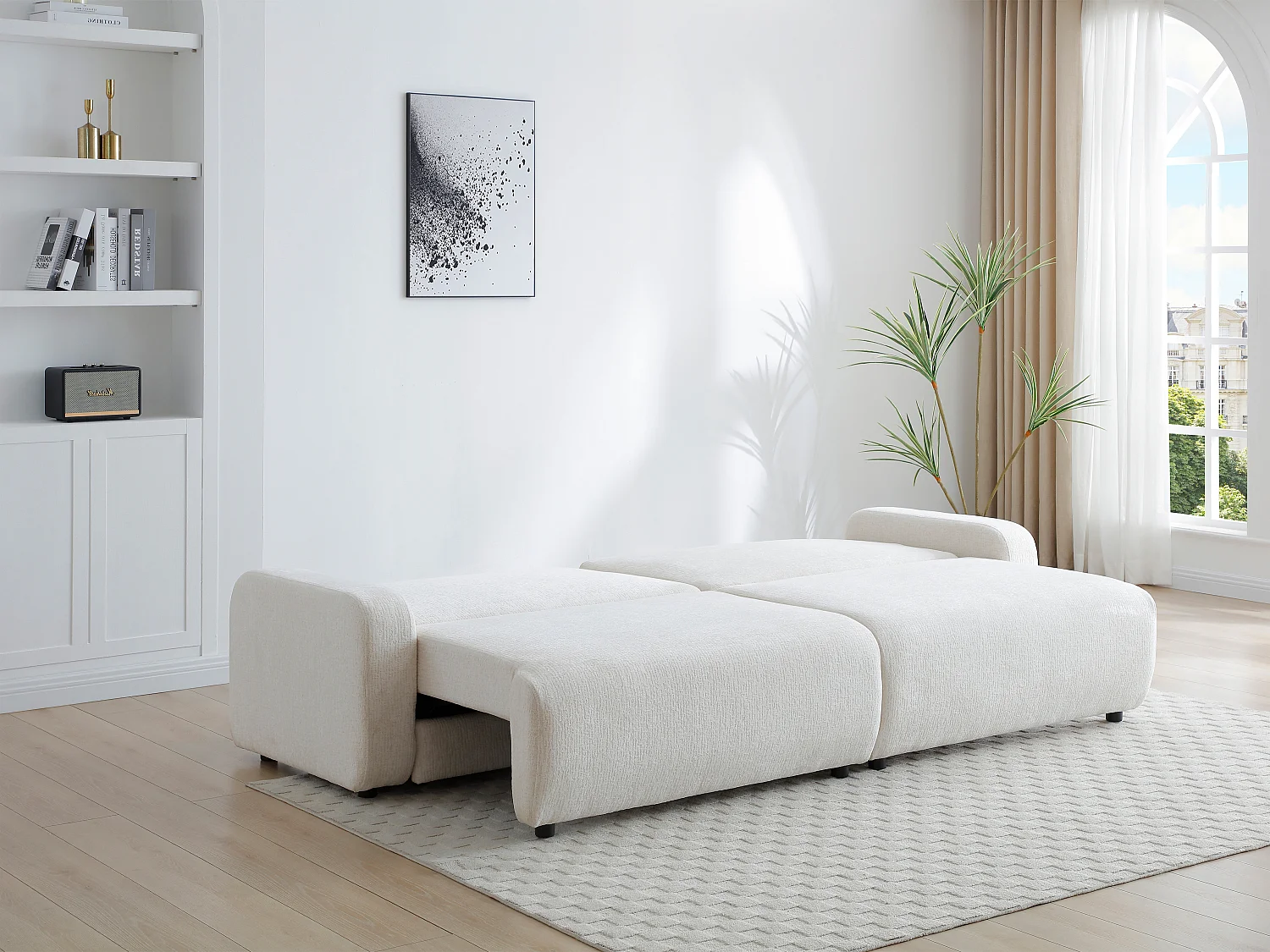 Sofá de 4 plazas convertible en chenilla beige YOKIRA