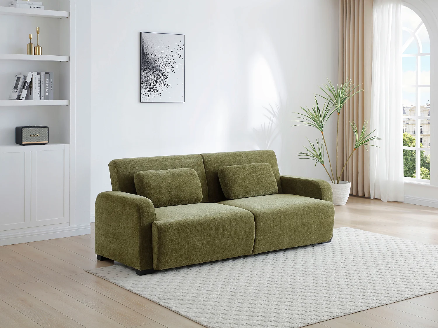 Canapé 3 places convertible clic-clac en tissu chenille vert LOMARIO