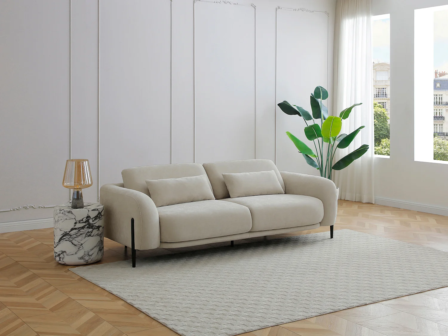 Canapé 3 places avec dossier relevable en tissu beige ARAVIO