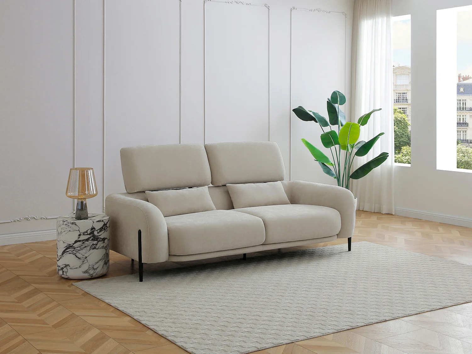 Canapé 3 places avec dossier relevable en tissu beige ARAVIO