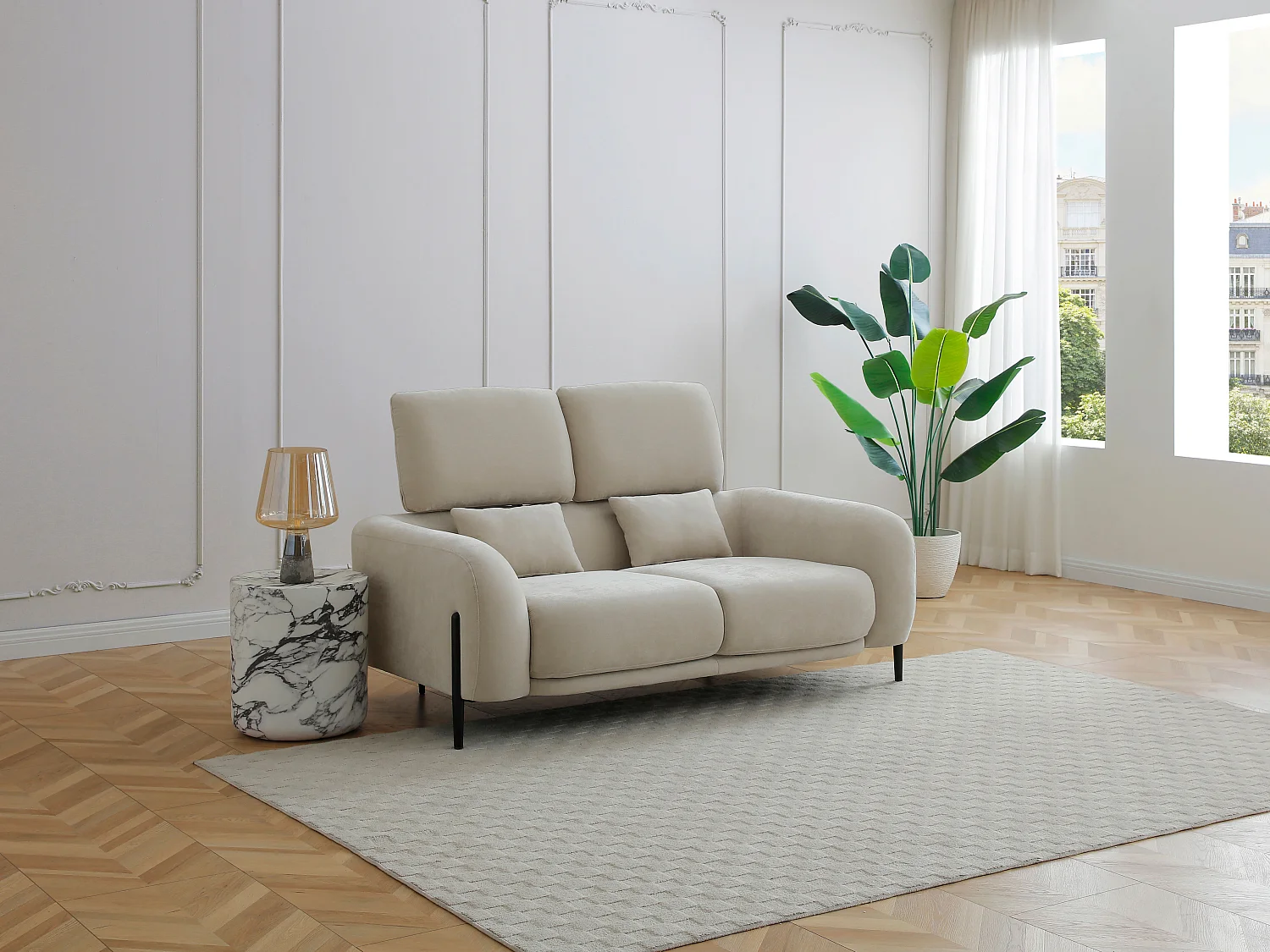 Canapé 2 places avec dossier relevable en tissu beige ARAVIO