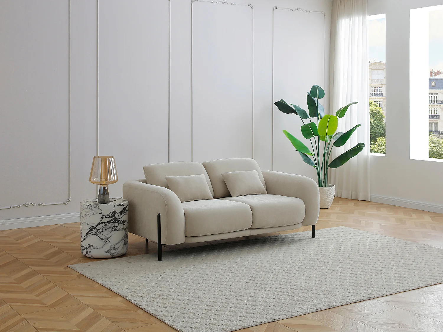Canapé 2 places avec dossier relevable en tissu beige ARAVIO