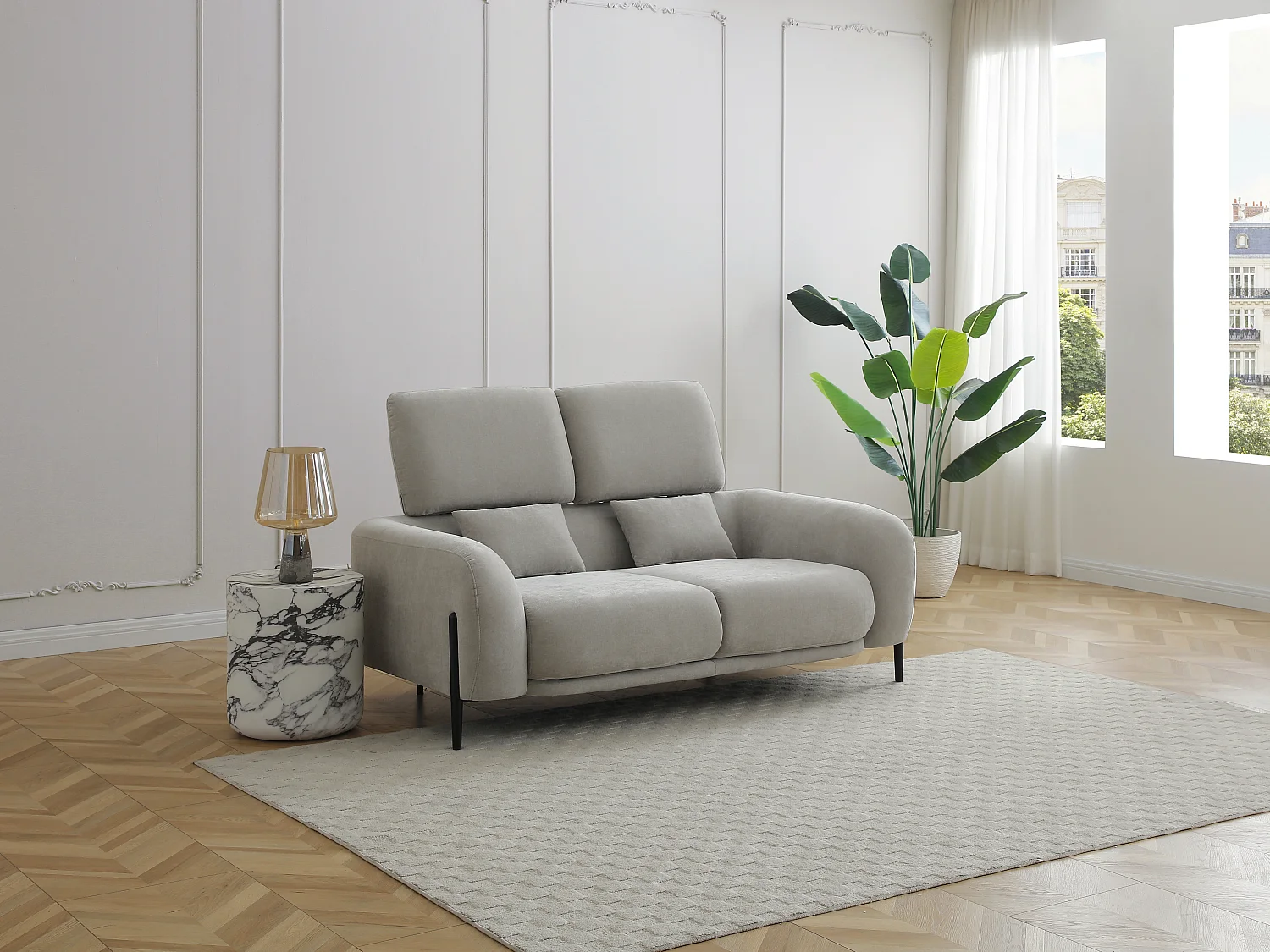 Canapé 2 places avec dossier relevable en tissu gris clair ARAVIO