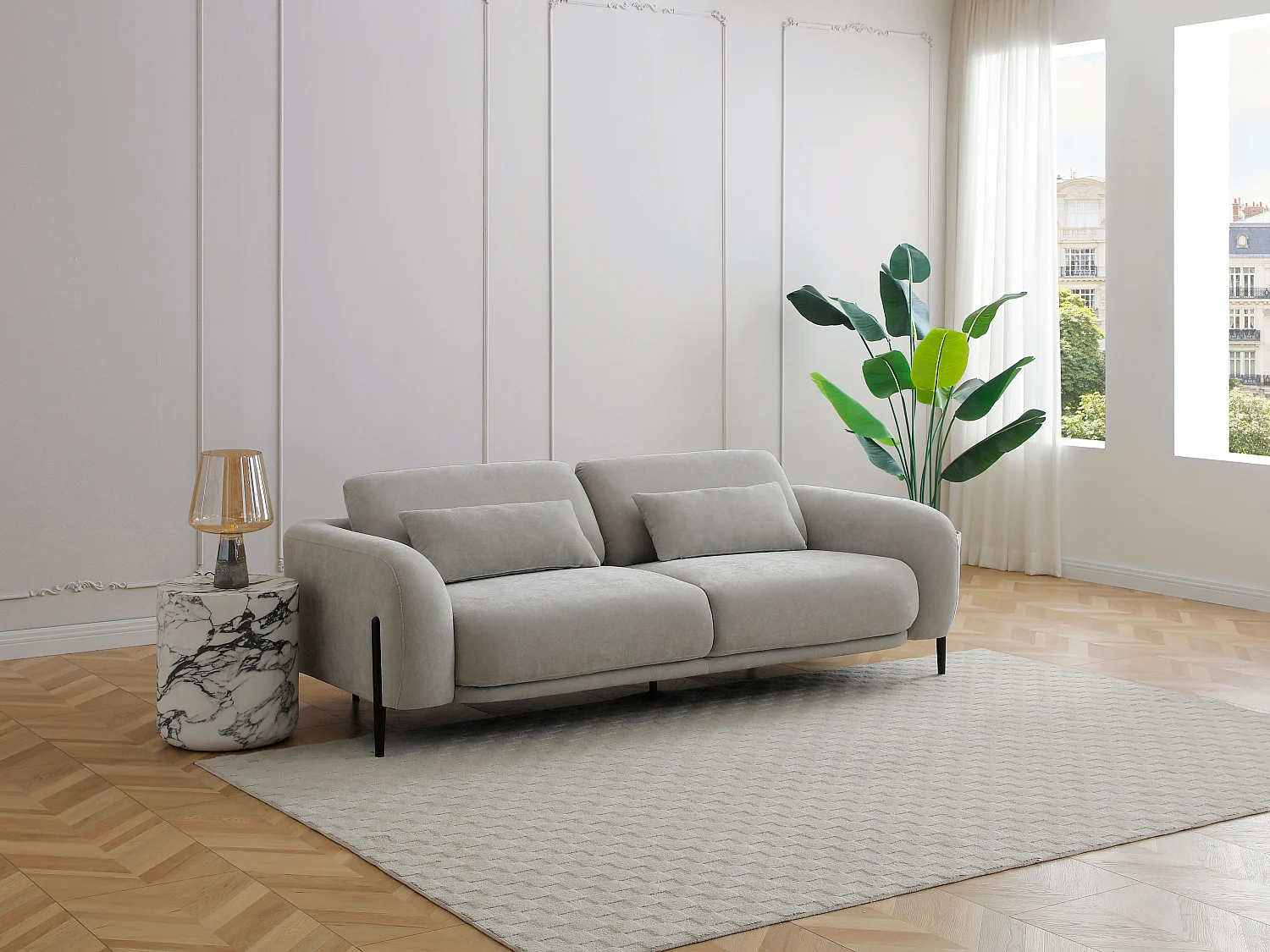 Canapé 2 places avec dossier relevable en tissu gris clair ARAVIO