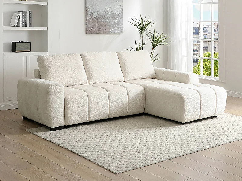 Canapé d'angle droit convertible en tissu chenille beige KOUMALO