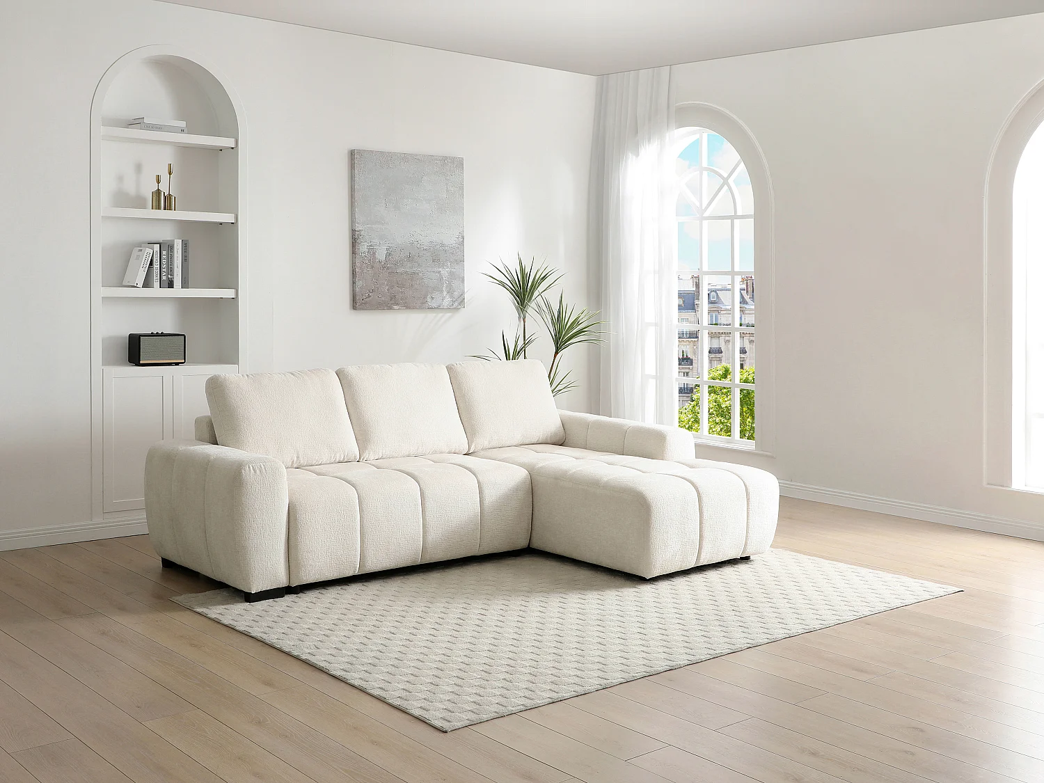Canapé d'angle droit convertible en tissu chenille beige KOUMALO